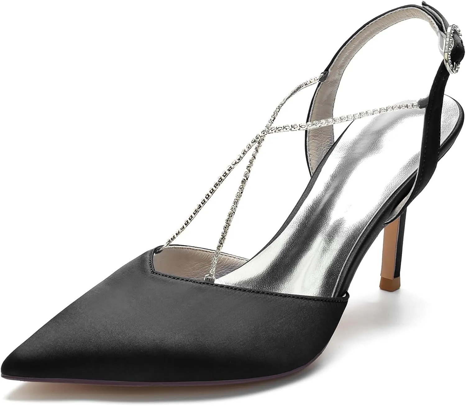 Women Pointed Toe High Heel Pumps with Rhinestone Cross Strap Satin Wedding Bridal Evening Party Dress Shoes