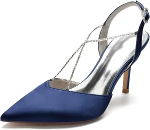 Women Pointed Toe High Heel Pumps with Rhinestone Cross Strap Satin Wedding Bridal Evening Party Dress Shoes