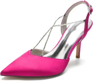 Women Pointed Toe High Heel Pumps with Rhinestone Cross Strap Satin Wedding Bridal Evening Party Dress Shoes