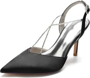 Women Pointed Toe High Heel Pumps with Rhinestone Cross Strap Satin Wedding Bridal Evening Party Dress Shoes