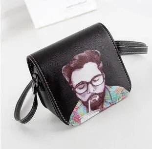 Women PU Leather Cat Wearing Big Glasses Print Shoulder Handbags Bag