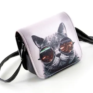 Women PU Leather Cat Wearing Big Glasses Print Shoulder Handbags Bag