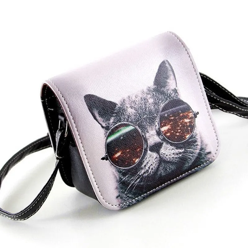 Women PU Leather Cat Wearing Big Glasses Print Shoulder Handbags Bag