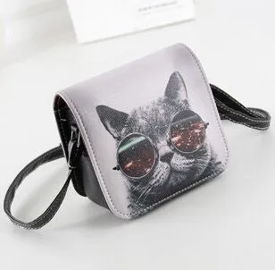 Women PU Leather Cat Wearing Big Glasses Print Shoulder Handbags Bag
