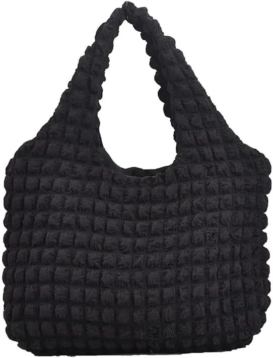 Women Puffer Tote Bag Baggu Puffy Tote Bag Fluffy Tote Bag Padded Bag Puffy Bags for Girl Aesthetic Tote Bag (Black)