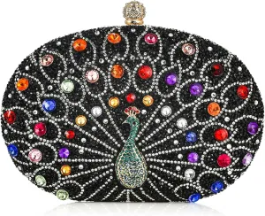 Women Rhinestone Evening Clutch Bag Multicolor Bridal Oval Peacock Sparkling Diamonds Crystal Wedding Party Prom Handbag