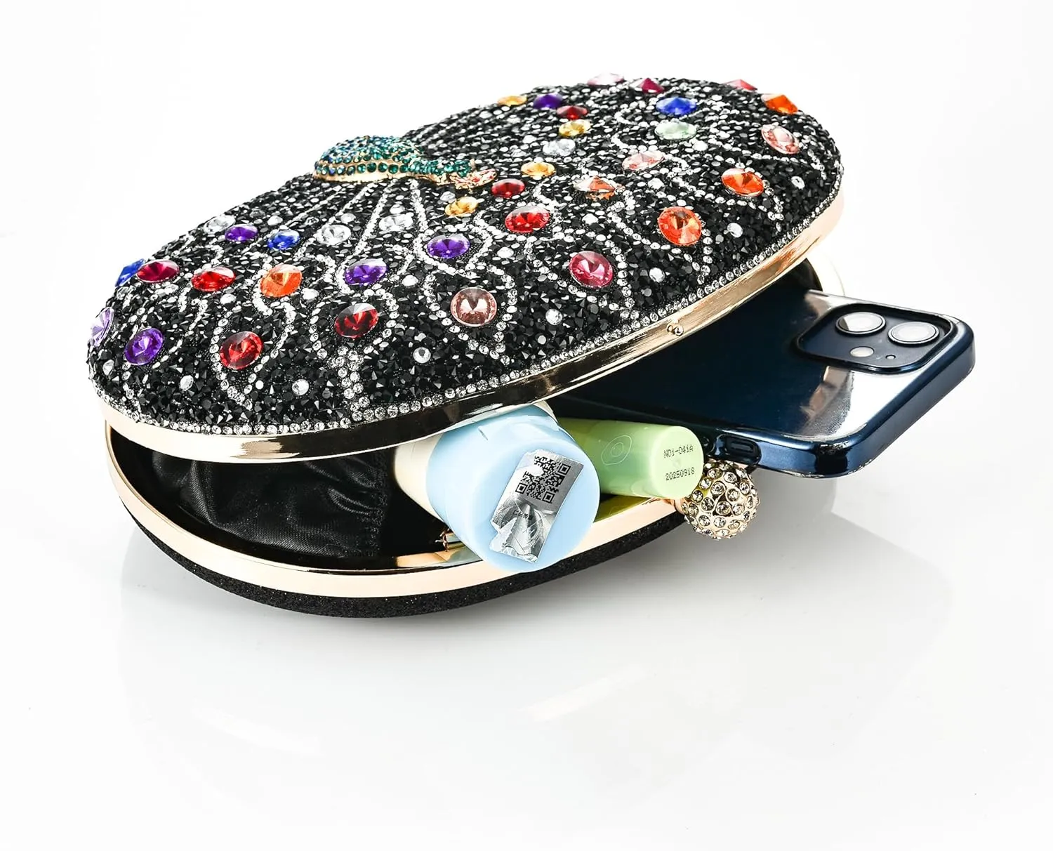 Women Rhinestone Evening Clutch Bag Multicolor Bridal Oval Peacock Sparkling Diamonds Crystal Wedding Party Prom Handbag