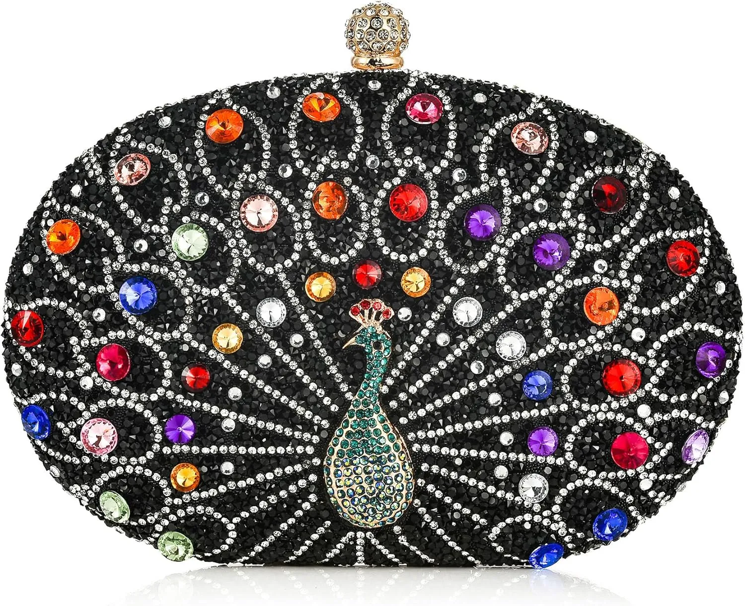Women Rhinestone Evening Clutch Bag Multicolor Bridal Oval Peacock Sparkling Diamonds Crystal Wedding Party Prom Handbag