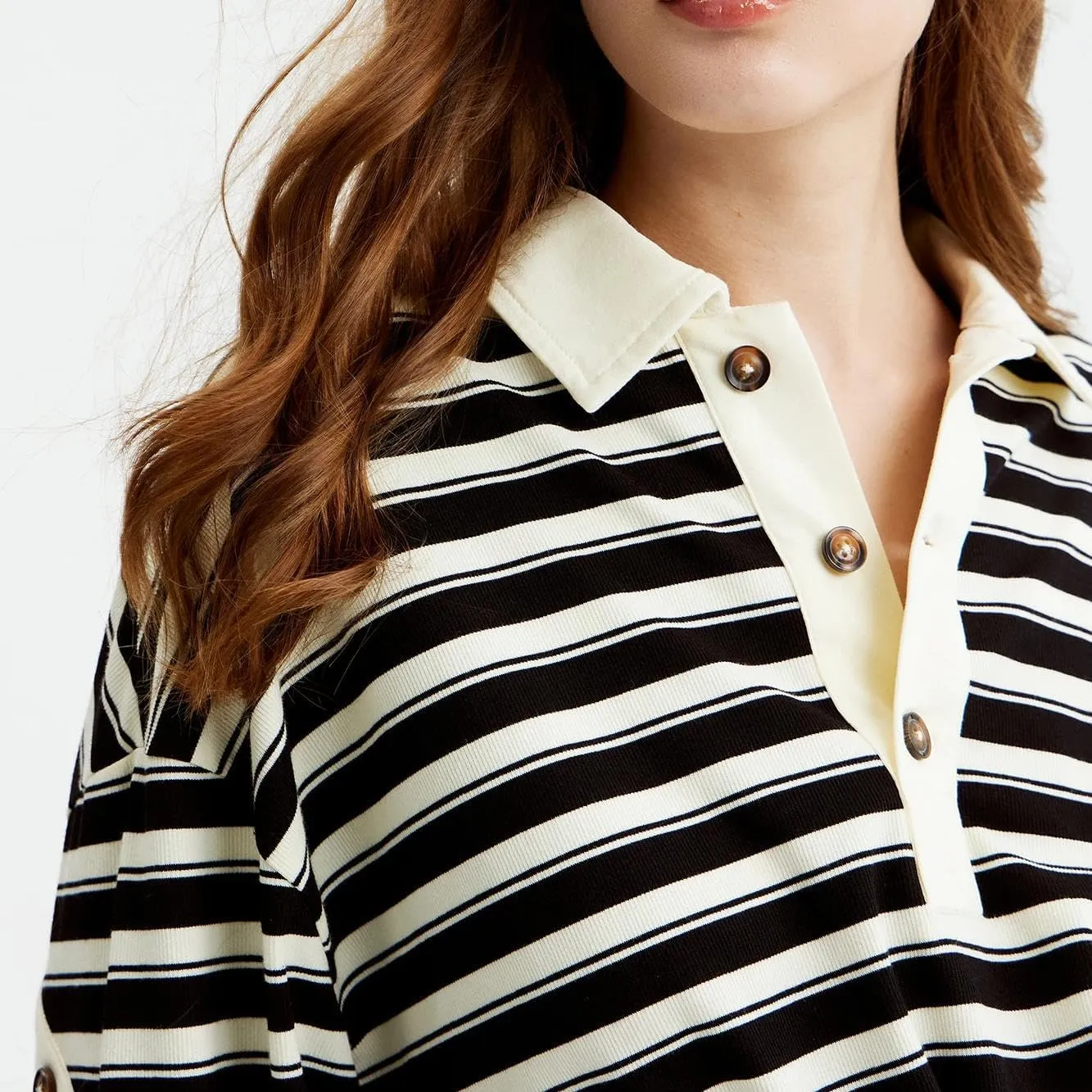 Women Rugby Polo Shirt Vintage Long Sleeve Oversized Striped Shirt Y2k Lapel Collar Pullover Crop Top 90s Streetwear
