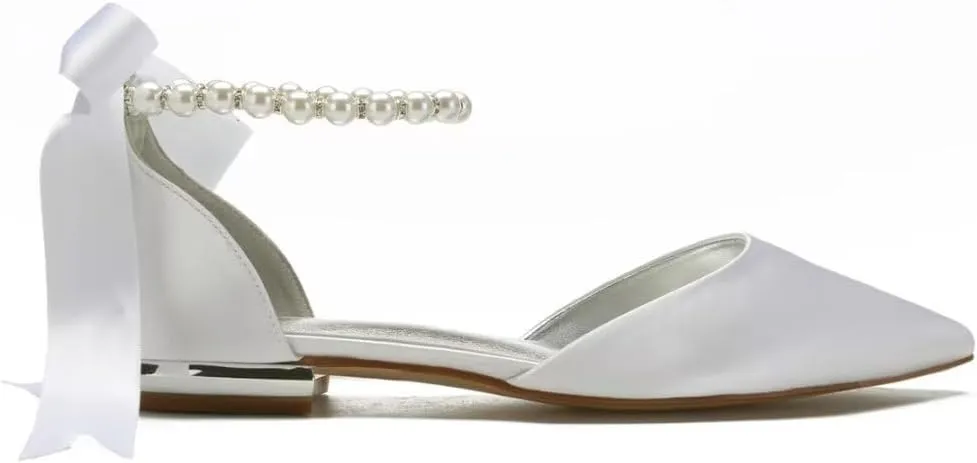 Women Satin Pearls Wedding Flats Shoes for Bride Pointed Toe Prom Evening Bridal Party Dress Flats