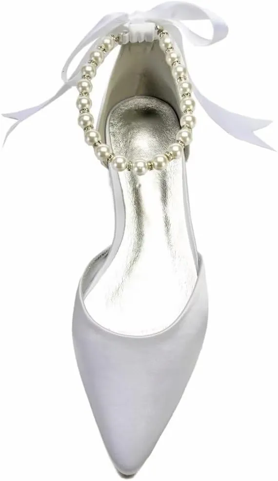 Women Satin Pearls Wedding Flats Shoes for Bride Pointed Toe Prom Evening Bridal Party Dress Flats