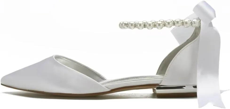 Women Satin Pearls Wedding Flats Shoes for Bride Pointed Toe Prom Evening Bridal Party Dress Flats