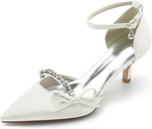Women Sexy Evening Pointed Toe Satin Low Heel Pumps Kitten Heeled Ankle Strap Shoes with Bow