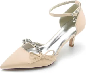 Women Sexy Evening Pointed Toe Satin Low Heel Pumps Kitten Heeled Ankle Strap Shoes with Bow