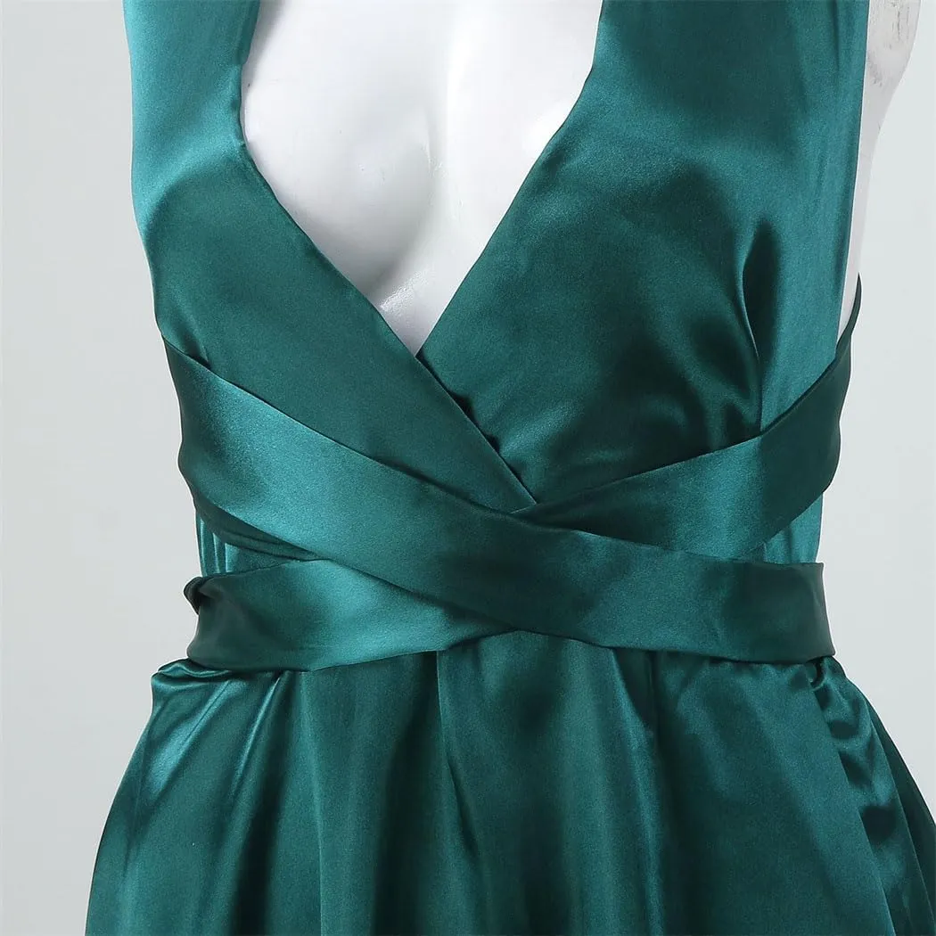 Women Sexy V-Neck Backless Evening Dress Elegant Cross Bandage Satin Party Long Dress Sleeveless A-Line Vestido