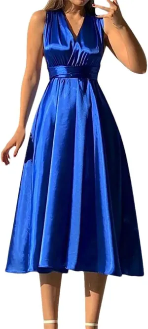 Women Sexy V-Neck Backless Evening Dress Elegant Cross Bandage Satin Party Long Dress Sleeveless A-Line Vestido