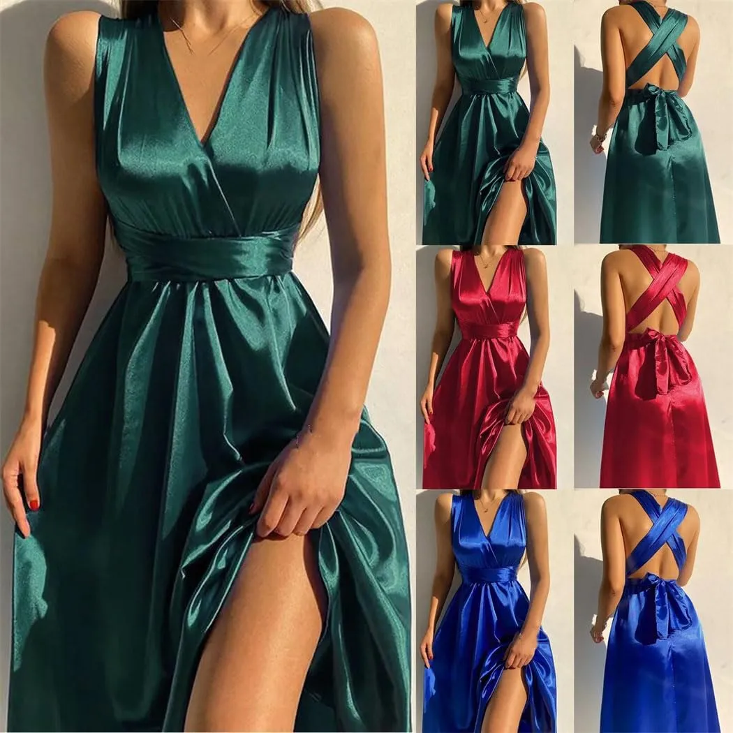 Women Sexy V-Neck Backless Evening Dress Elegant Cross Bandage Satin Party Long Dress Sleeveless A-Line Vestido