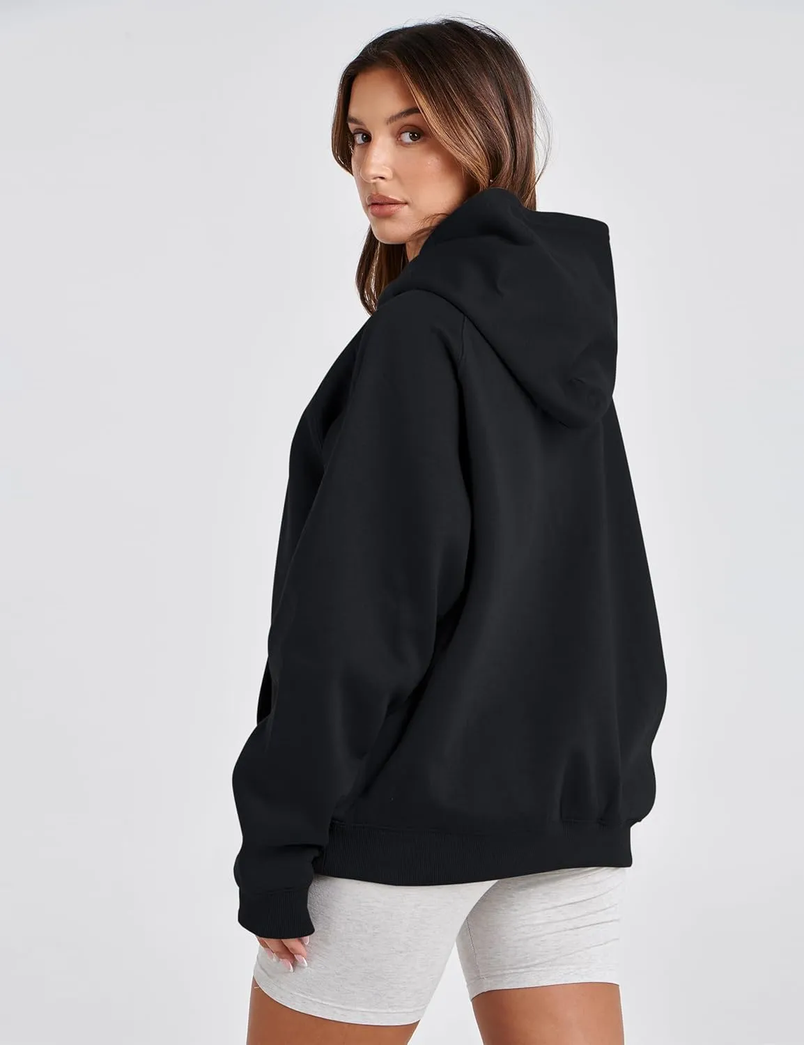 Women Solid Basic Loose Fleece Hoodies Sweatshirt Oversized Long Sleeve Drop Shoulder Kangaroo Pockets Pullovers Top