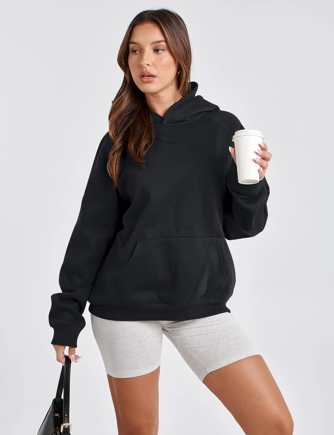 Women Solid Basic Loose Fleece Hoodies Sweatshirt Oversized Long Sleeve Drop Shoulder Kangaroo Pockets Pullovers Top