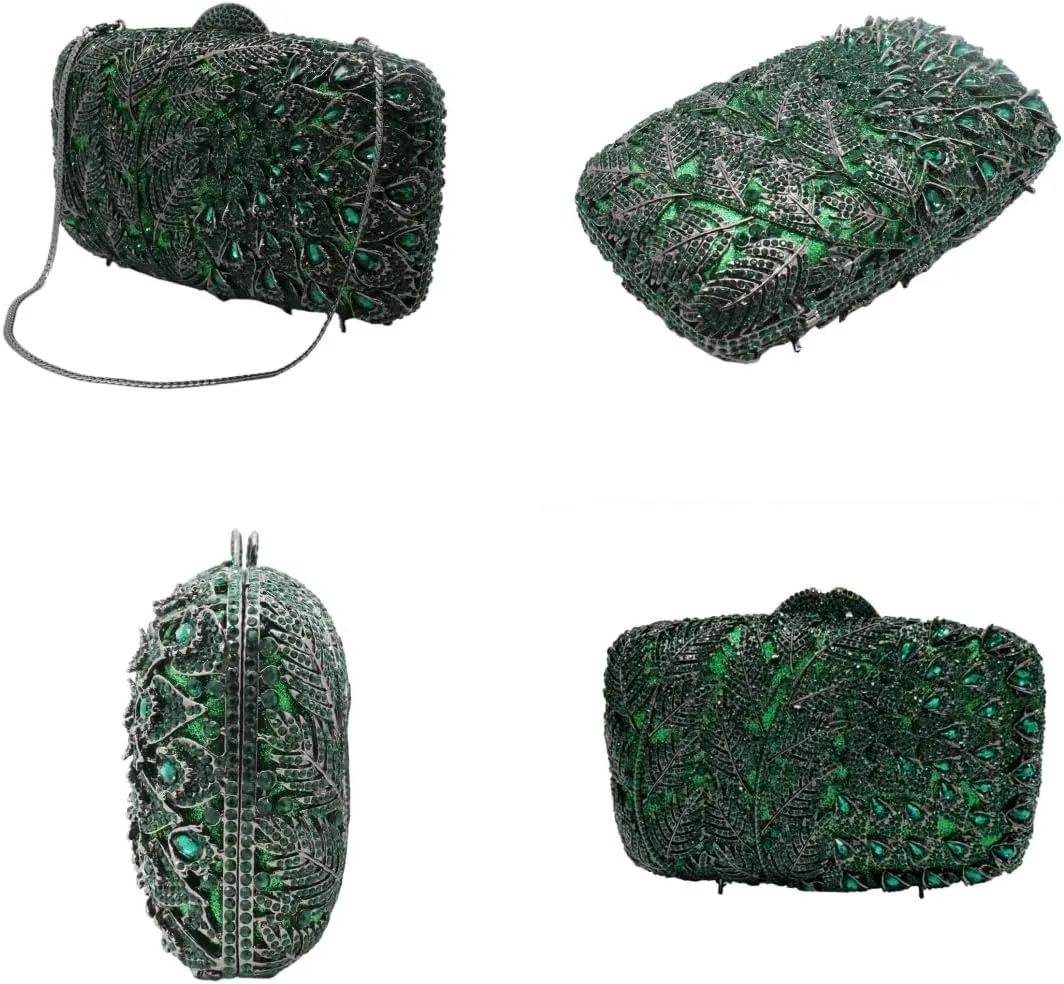 Women Vine Evening Handbag Sparkling Rhinestone Leaf Pattern Clutch Elegant Purse Bag for Party Wedding Banquet