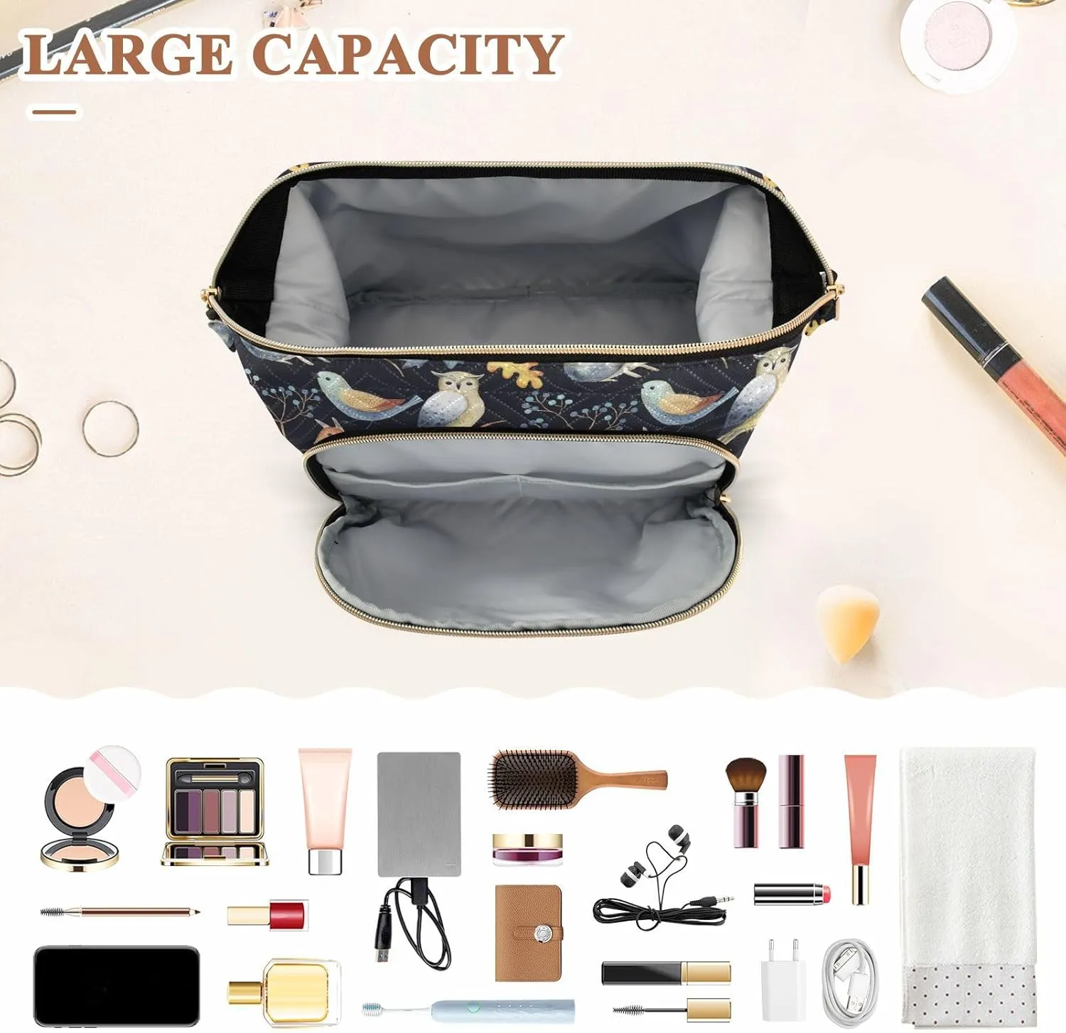 Women Wave Quilt Cosmetic Bag, Storage Pouch Handbag Makeup Case Zipper Toiletry Purse Holder Organizer 10.2x5.9x6.7 in Autumn Leaves, Berries, Acorns, Owl, Bird, Fox, Hedgehog