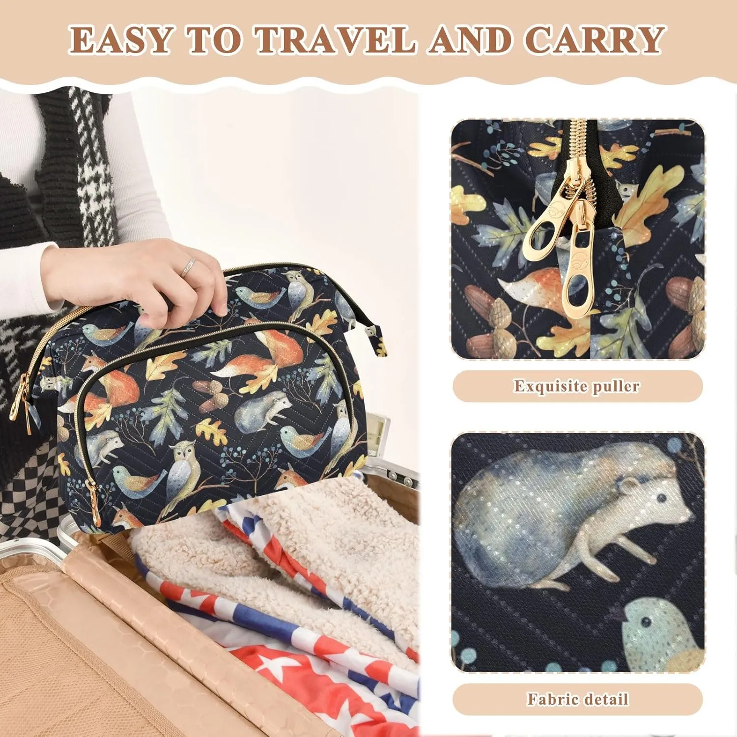 Women Wave Quilt Cosmetic Bag, Storage Pouch Handbag Makeup Case Zipper Toiletry Purse Holder Organizer 10.2x5.9x6.7 in Autumn Leaves, Berries, Acorns, Owl, Bird, Fox, Hedgehog