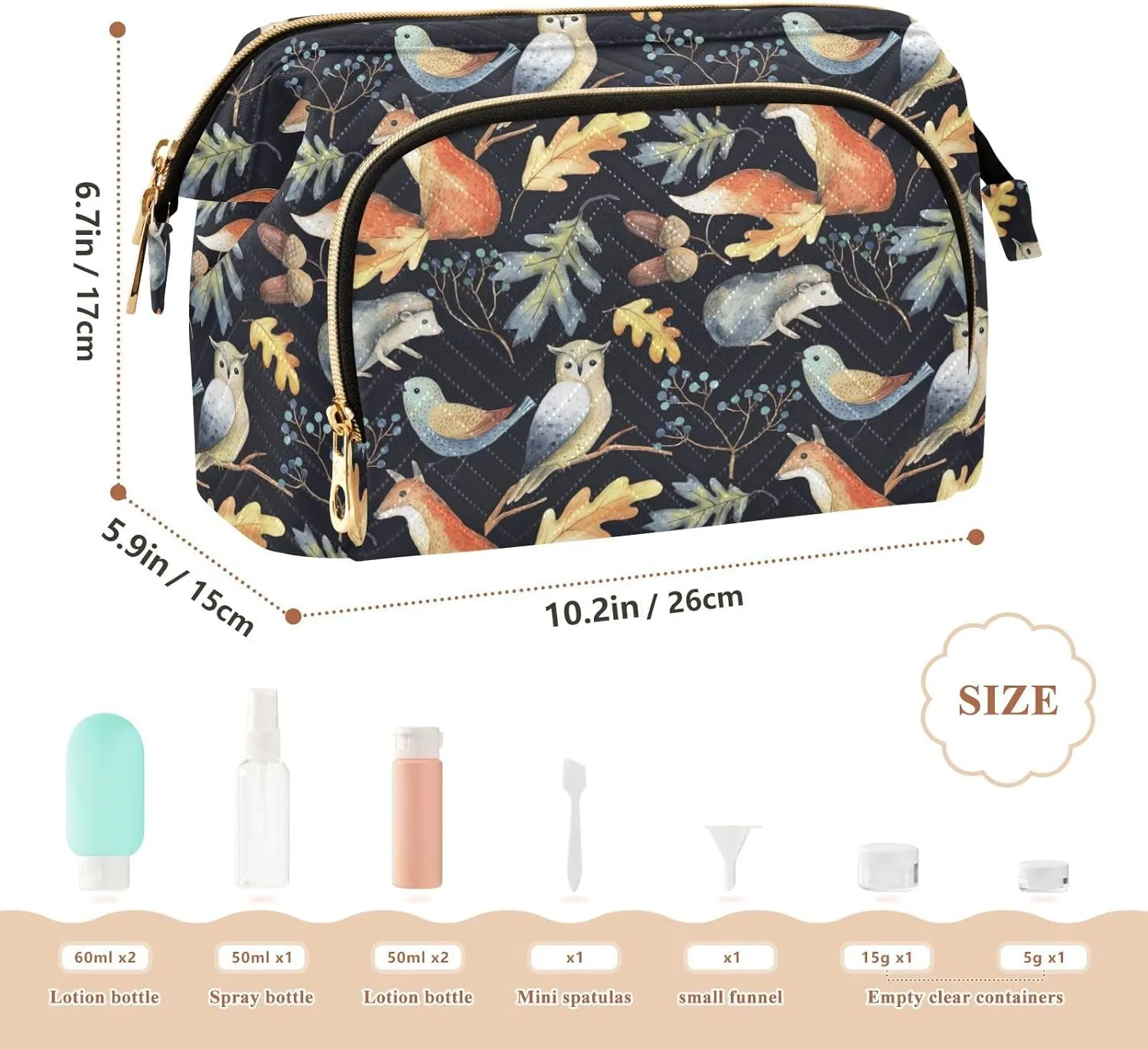Women Wave Quilt Cosmetic Bag, Storage Pouch Handbag Makeup Case Zipper Toiletry Purse Holder Organizer 10.2x5.9x6.7 in Autumn Leaves, Berries, Acorns, Owl, Bird, Fox, Hedgehog