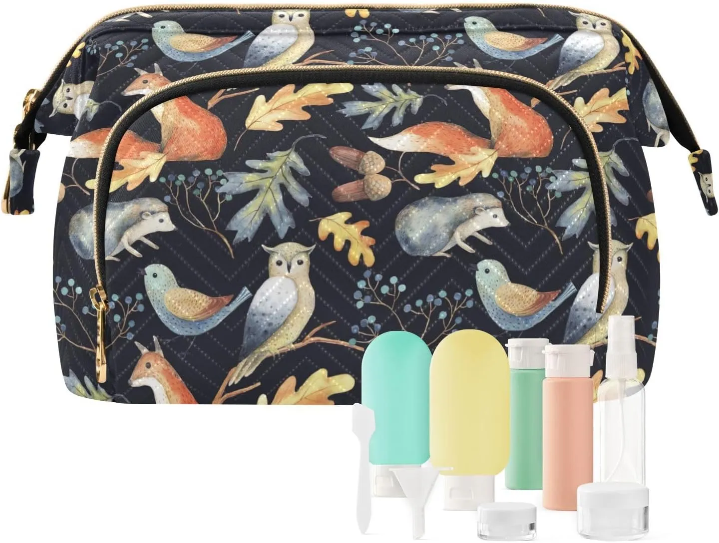 Women Wave Quilt Cosmetic Bag, Storage Pouch Handbag Makeup Case Zipper Toiletry Purse Holder Organizer 10.2x5.9x6.7 in Autumn Leaves, Berries, Acorns, Owl, Bird, Fox, Hedgehog