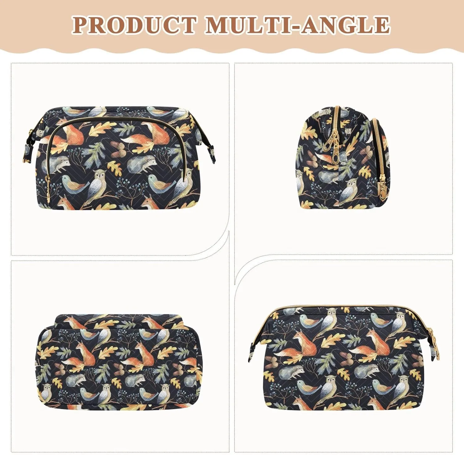 Women Wave Quilt Cosmetic Bag, Storage Pouch Handbag Makeup Case Zipper Toiletry Purse Holder Organizer 10.2x5.9x6.7 in Autumn Leaves, Berries, Acorns, Owl, Bird, Fox, Hedgehog