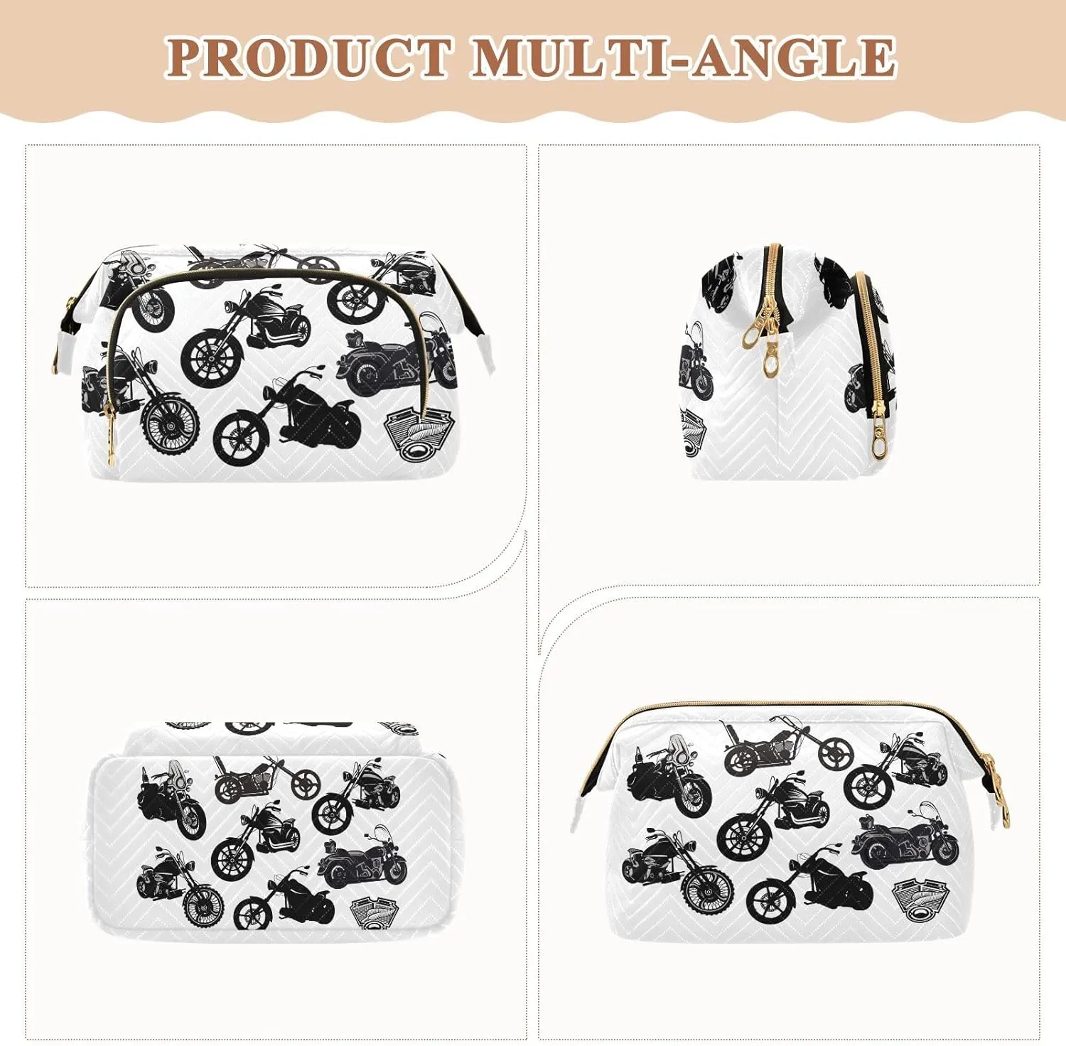 Women Wave Quilt Cosmetic Bag, Storage Pouch Handbag Makeup Case Zipper Toiletry Purse Holder Organizer 10.2x5.9x6.7 in Black Motorcycle Silhouette Set from Different Perspectives