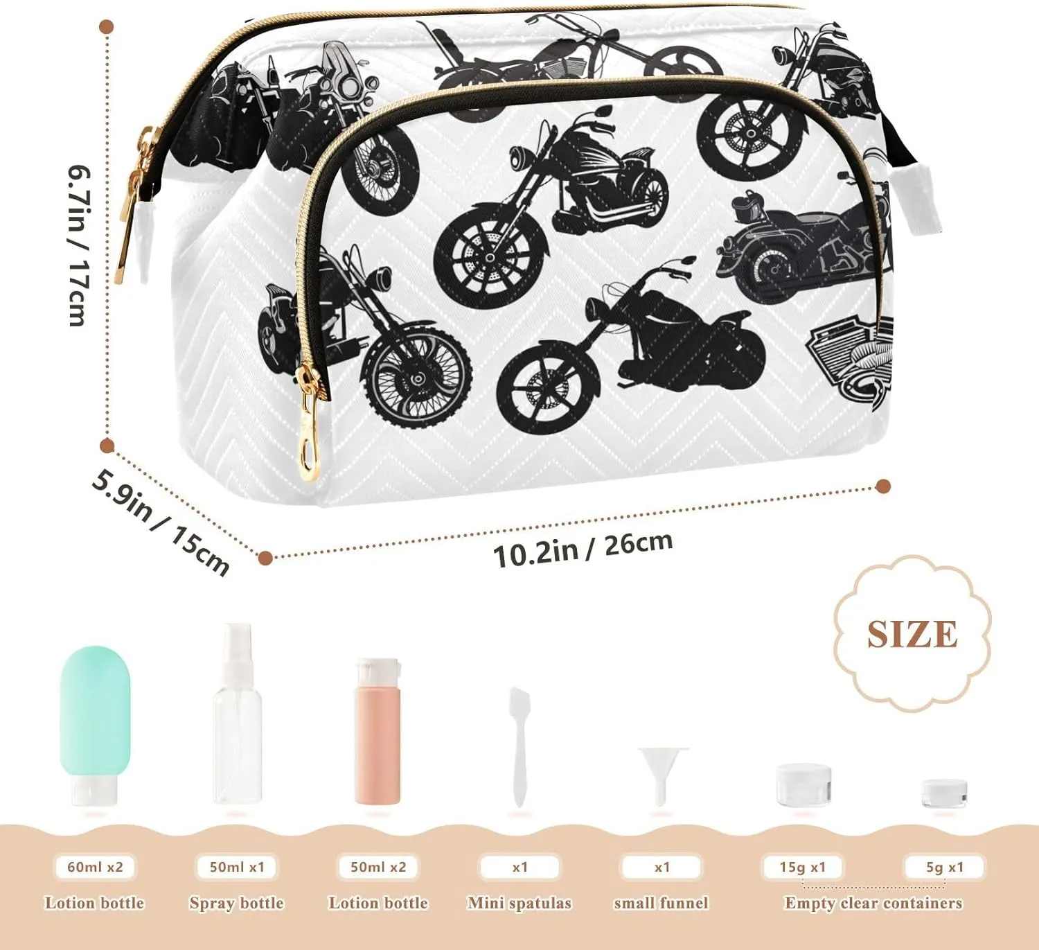 Women Wave Quilt Cosmetic Bag, Storage Pouch Handbag Makeup Case Zipper Toiletry Purse Holder Organizer 10.2x5.9x6.7 in Black Motorcycle Silhouette Set from Different Perspectives