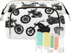 Women Wave Quilt Cosmetic Bag, Storage Pouch Handbag Makeup Case Zipper Toiletry Purse Holder Organizer 10.2x5.9x6.7 in Black Motorcycle Silhouette Set from Different Perspectives