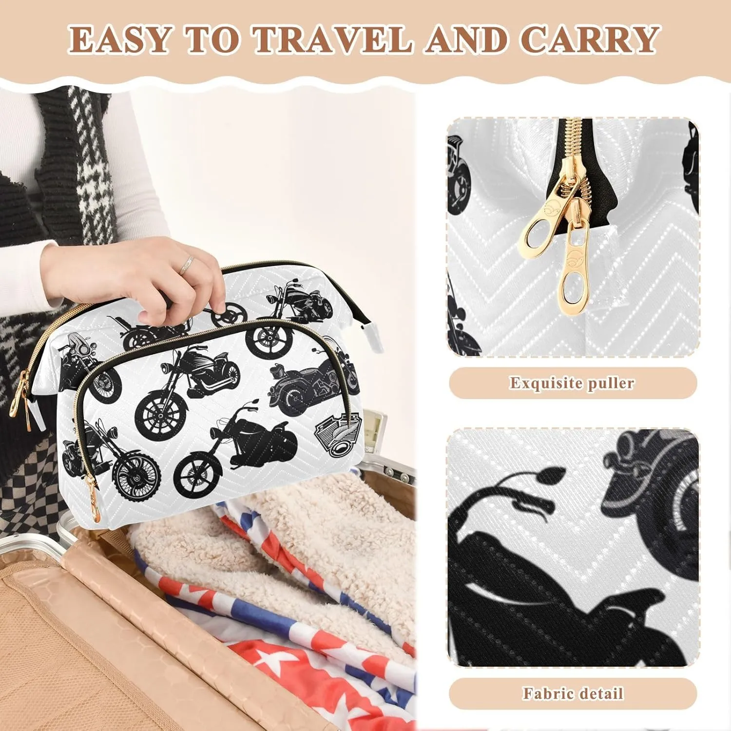 Women Wave Quilt Cosmetic Bag, Storage Pouch Handbag Makeup Case Zipper Toiletry Purse Holder Organizer 10.2x5.9x6.7 in Black Motorcycle Silhouette Set from Different Perspectives