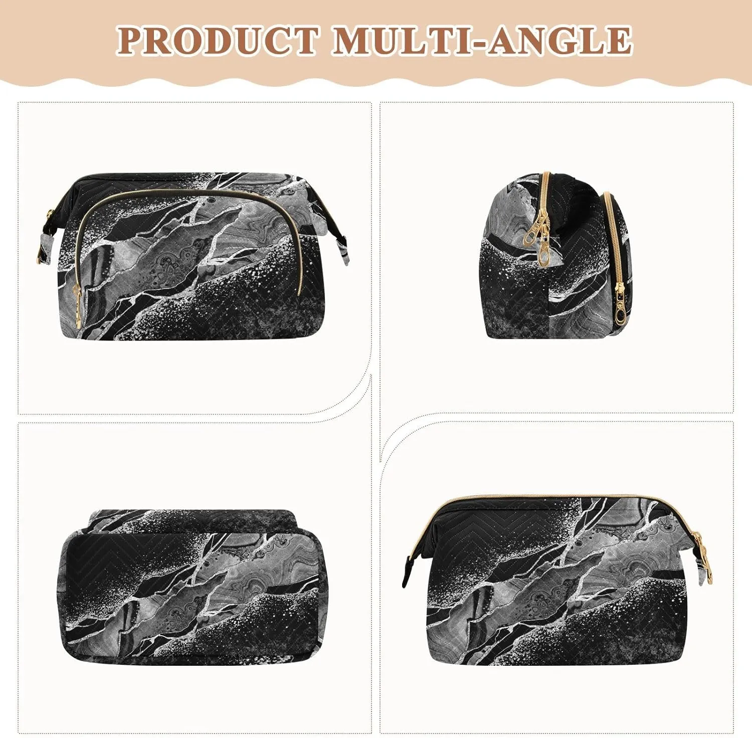 Women Wave Quilt Cosmetic Bag, Storage Pouch Handbag Makeup Case Zipper Toiletry Purse Holder Organizer 10.2x5.9x6.7 in Black White Marble Green Malachite with Silver White Veins Gold