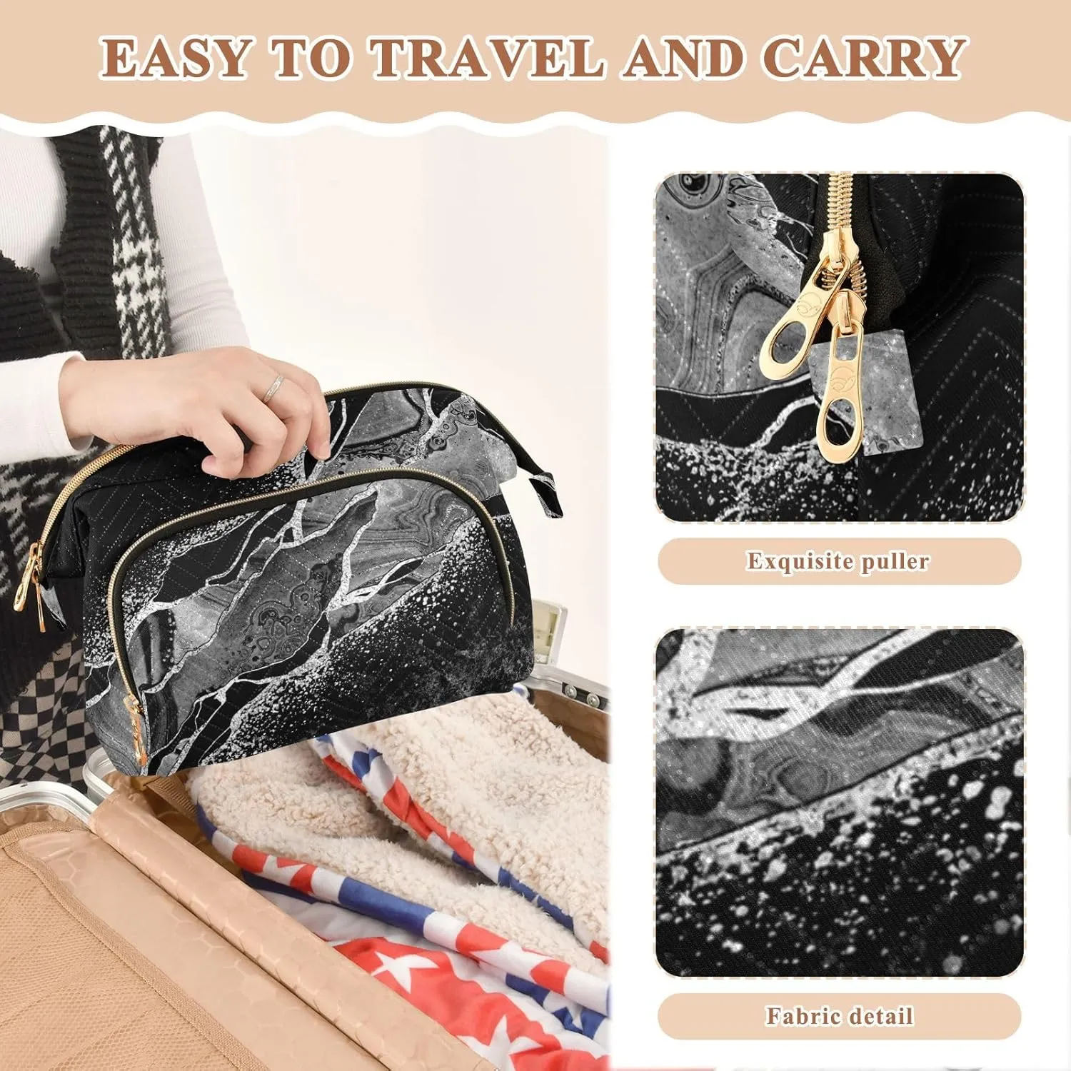 Women Wave Quilt Cosmetic Bag, Storage Pouch Handbag Makeup Case Zipper Toiletry Purse Holder Organizer 10.2x5.9x6.7 in Black White Marble Green Malachite with Silver White Veins Gold