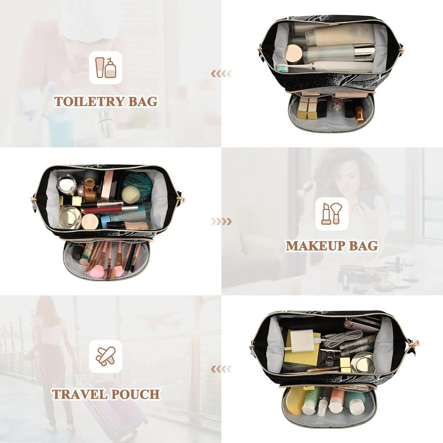 Women Wave Quilt Cosmetic Bag, Storage Pouch Handbag Makeup Case Zipper Toiletry Purse Holder Organizer 10.2x5.9x6.7 in Black White Marble Green Malachite with Silver White Veins Gold