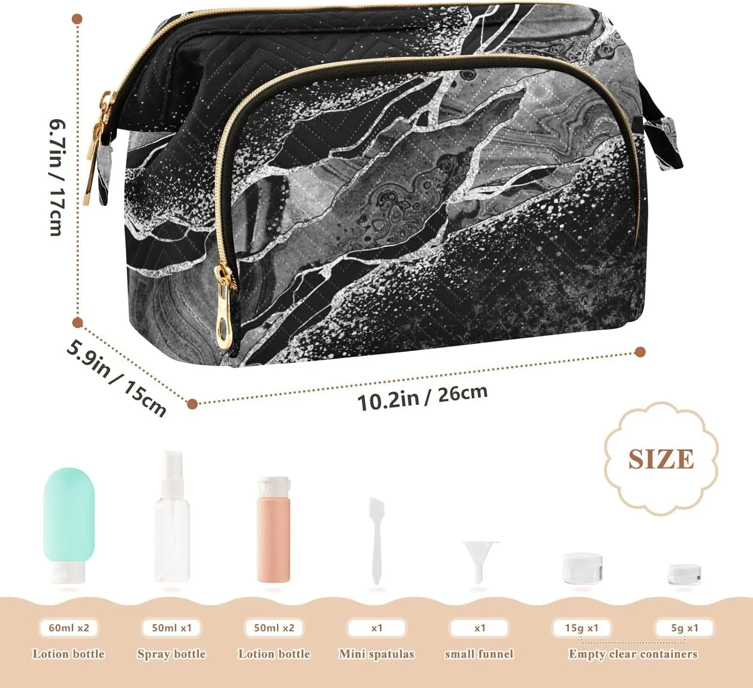 Women Wave Quilt Cosmetic Bag, Storage Pouch Handbag Makeup Case Zipper Toiletry Purse Holder Organizer 10.2x5.9x6.7 in Black White Marble Green Malachite with Silver White Veins Gold