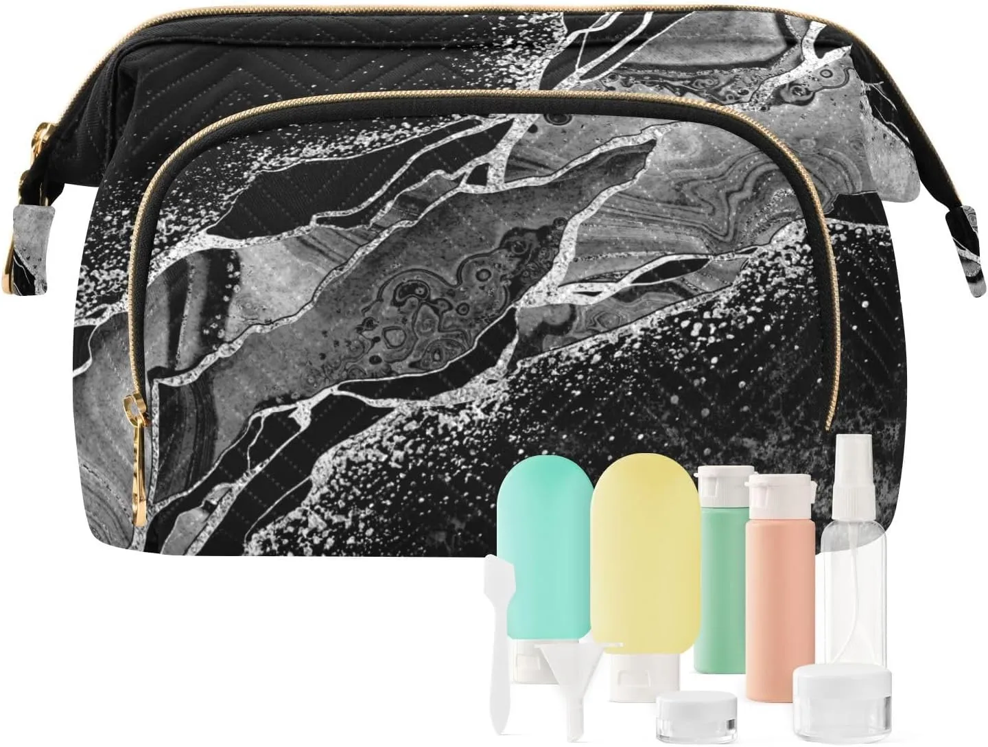 Women Wave Quilt Cosmetic Bag, Storage Pouch Handbag Makeup Case Zipper Toiletry Purse Holder Organizer 10.2x5.9x6.7 in Black White Marble Green Malachite with Silver White Veins Gold