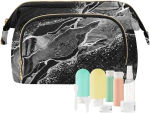 Women Wave Quilt Cosmetic Bag, Storage Pouch Handbag Makeup Case Zipper Toiletry Purse Holder Organizer 10.2x5.9x6.7 in Black White Marble Green Malachite with Silver White Veins Gold