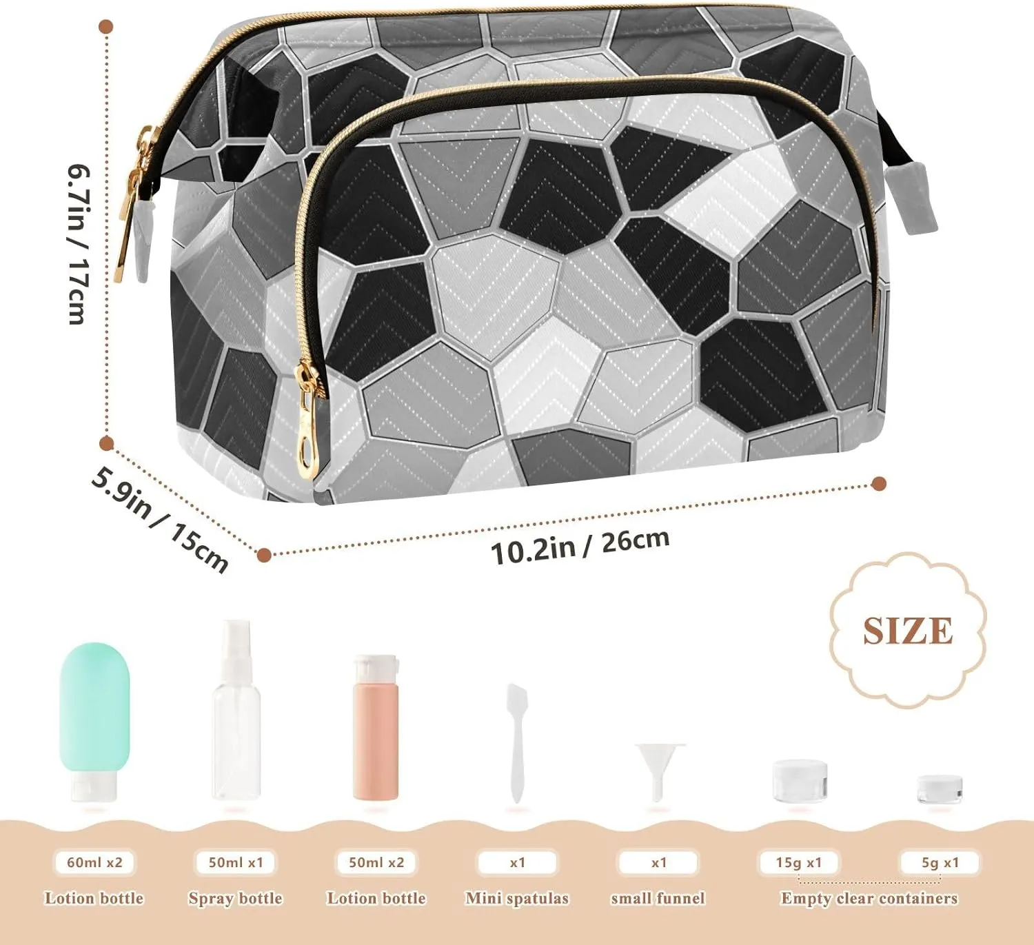 Women Wave Quilt Cosmetic Bag, Storage Pouch Handbag Makeup Case Zipper Toiletry Purse Holder Organizer 10.2x5.9x6.7 in Black White Modern Mosaic Abstract Geometric Backdrop Textiles