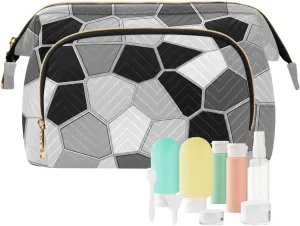Women Wave Quilt Cosmetic Bag, Storage Pouch Handbag Makeup Case Zipper Toiletry Purse Holder Organizer 10.2x5.9x6.7 in Black White Modern Mosaic Abstract Geometric Backdrop Textiles