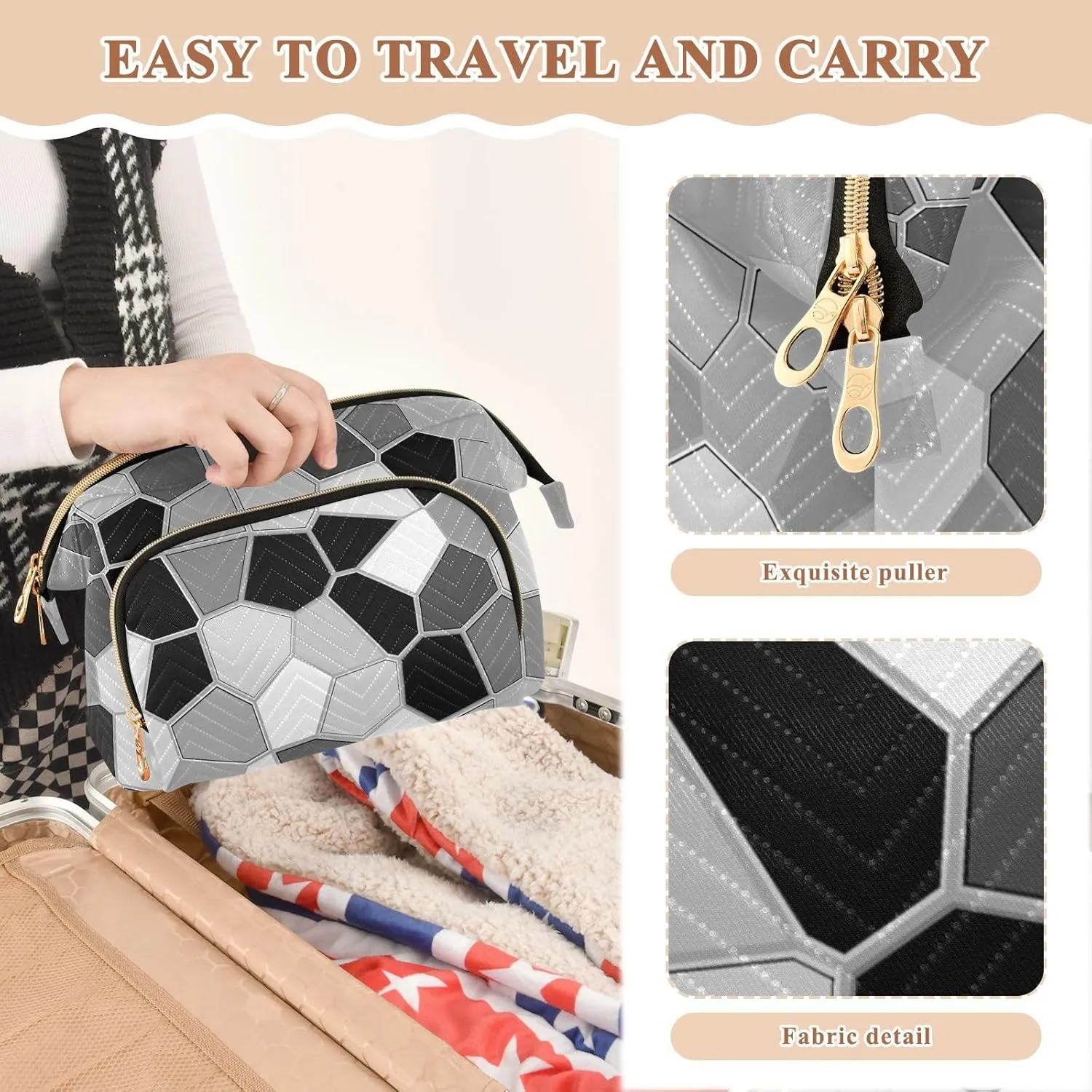 Women Wave Quilt Cosmetic Bag, Storage Pouch Handbag Makeup Case Zipper Toiletry Purse Holder Organizer 10.2x5.9x6.7 in Black White Modern Mosaic Abstract Geometric Backdrop Textiles