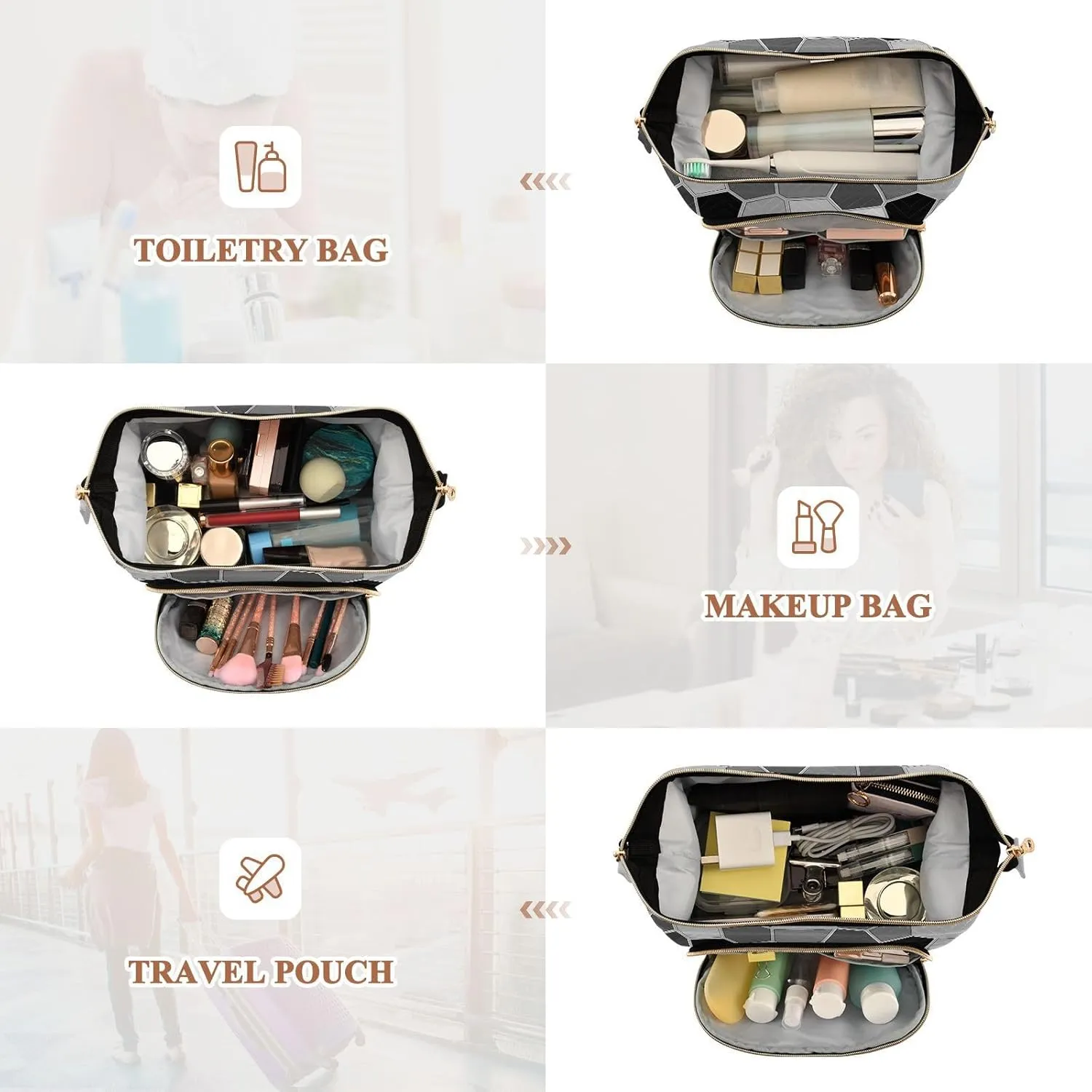 Women Wave Quilt Cosmetic Bag, Storage Pouch Handbag Makeup Case Zipper Toiletry Purse Holder Organizer 10.2x5.9x6.7 in Black White Modern Mosaic Abstract Geometric Backdrop Textiles