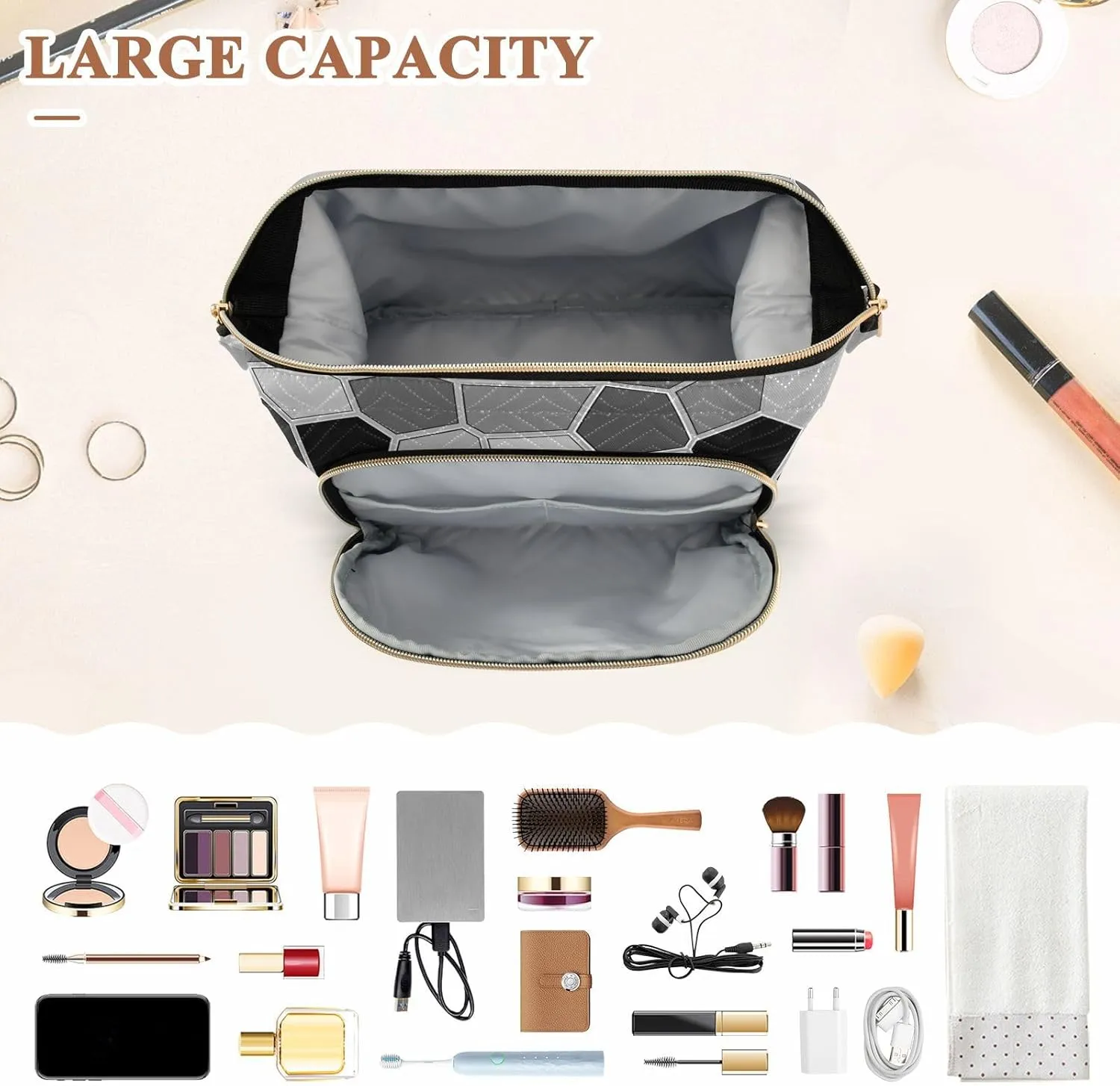 Women Wave Quilt Cosmetic Bag, Storage Pouch Handbag Makeup Case Zipper Toiletry Purse Holder Organizer 10.2x5.9x6.7 in Black White Modern Mosaic Abstract Geometric Backdrop Textiles