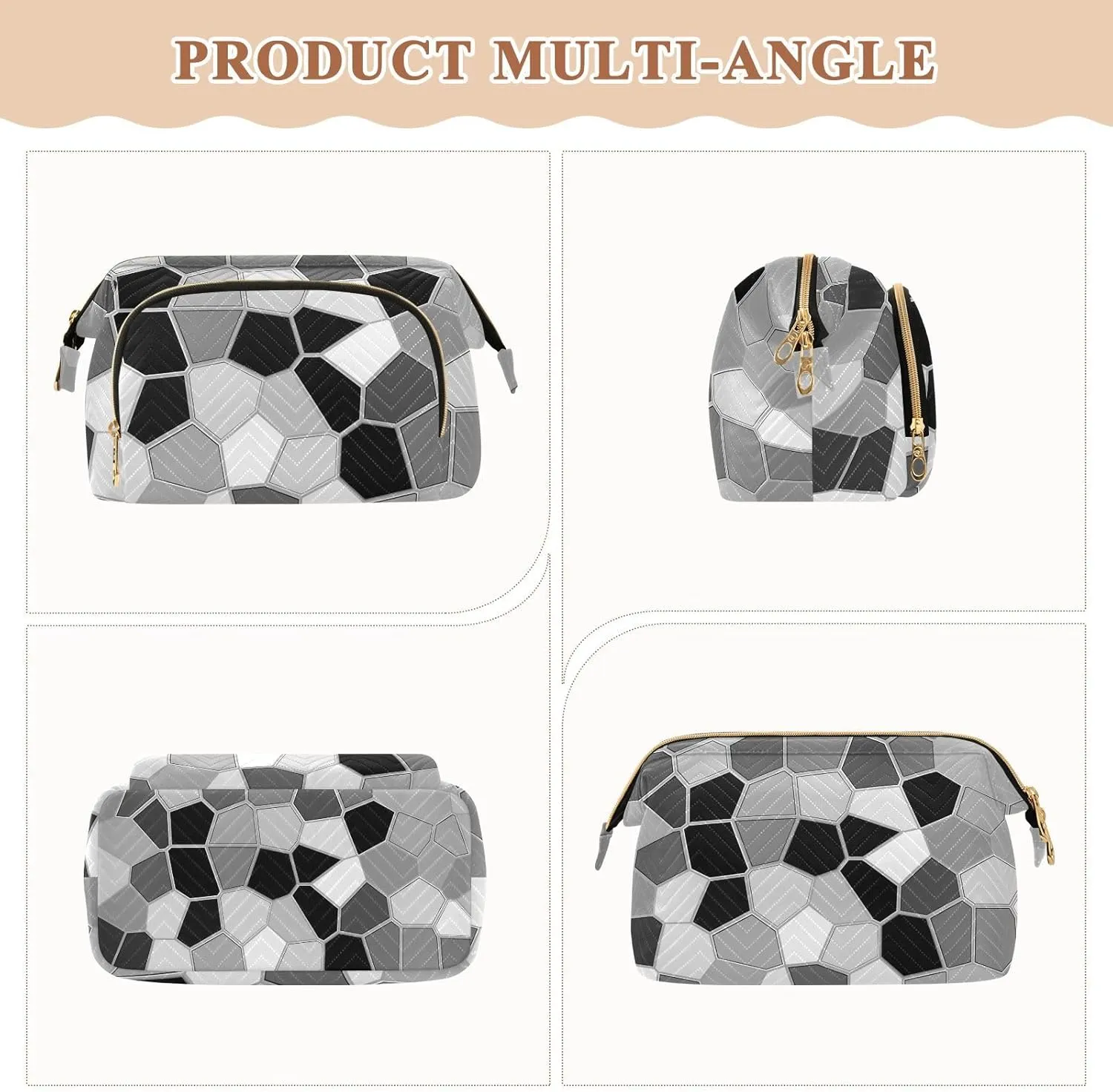 Women Wave Quilt Cosmetic Bag, Storage Pouch Handbag Makeup Case Zipper Toiletry Purse Holder Organizer 10.2x5.9x6.7 in Black White Modern Mosaic Abstract Geometric Backdrop Textiles