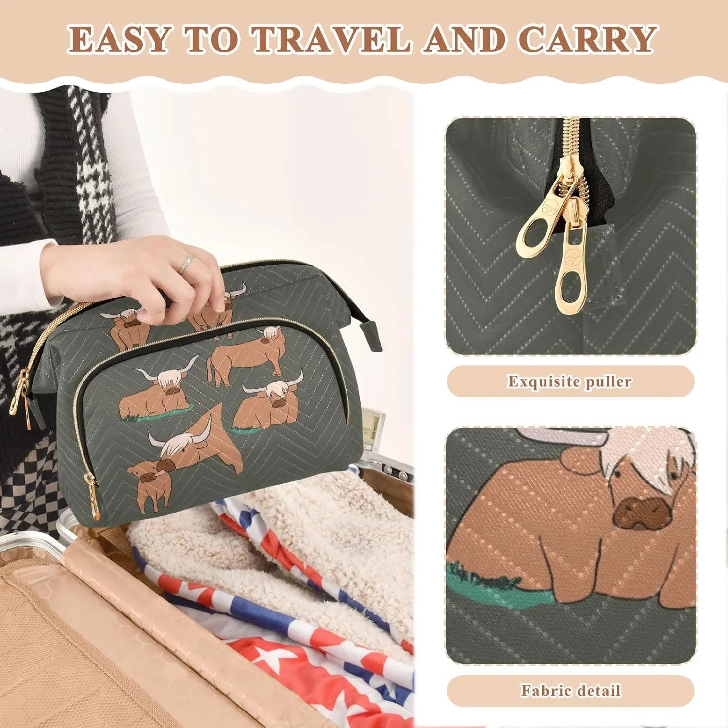 Women Wave Quilt Cosmetic Bag, Storage Pouch Handbag Makeup Case Zipper Toiletry Purse Holder Organizer 10.2x5.9x6.7 in Brown Highland Cows Collection Scottish Breed on Dark Green