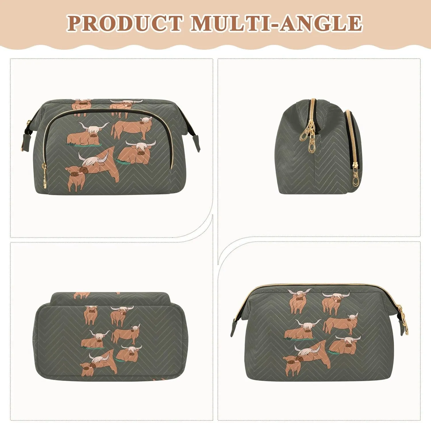 Women Wave Quilt Cosmetic Bag, Storage Pouch Handbag Makeup Case Zipper Toiletry Purse Holder Organizer 10.2x5.9x6.7 in Brown Highland Cows Collection Scottish Breed on Dark Green