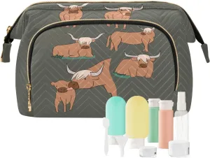 Women Wave Quilt Cosmetic Bag, Storage Pouch Handbag Makeup Case Zipper Toiletry Purse Holder Organizer 10.2x5.9x6.7 in Brown Highland Cows Collection Scottish Breed on Dark Green
