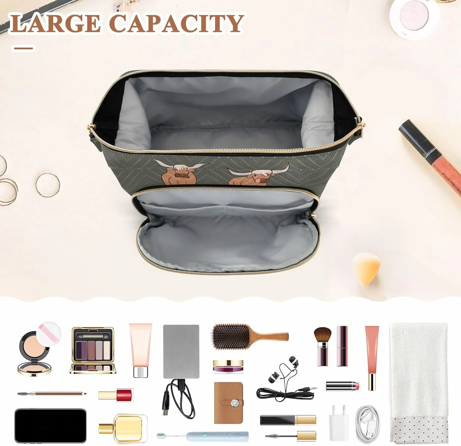 Women Wave Quilt Cosmetic Bag, Storage Pouch Handbag Makeup Case Zipper Toiletry Purse Holder Organizer 10.2x5.9x6.7 in Brown Highland Cows Collection Scottish Breed on Dark Green