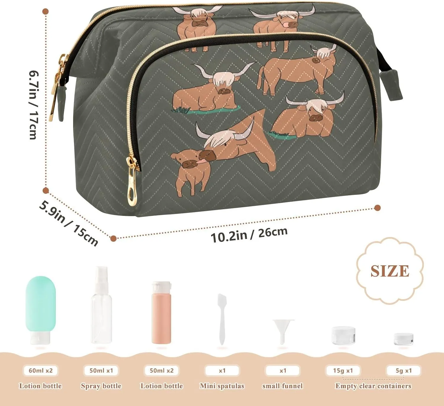 Women Wave Quilt Cosmetic Bag, Storage Pouch Handbag Makeup Case Zipper Toiletry Purse Holder Organizer 10.2x5.9x6.7 in Brown Highland Cows Collection Scottish Breed on Dark Green